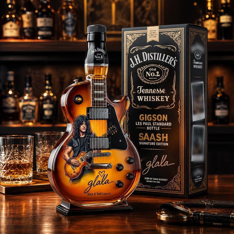 Vintage sunburst guitar whisky decanter angle view on home bar decor