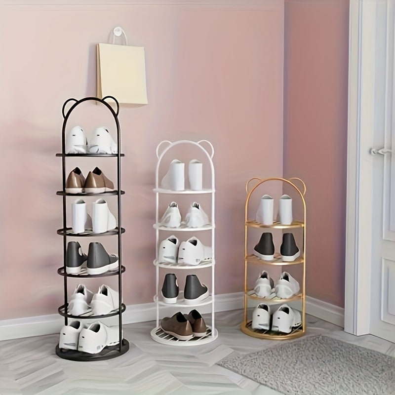 Three different color variants of the vertical bear ear shoe tower displayed in a room