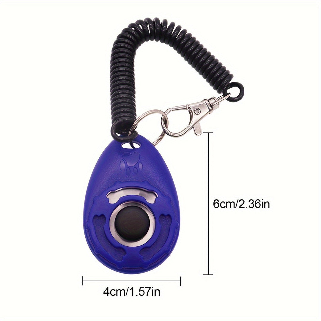 Blue dog training clicker displaying height and width dimensions