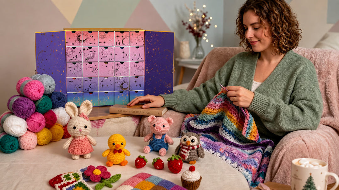 Holiday countdown box with crochet accessories and yarn gift set items