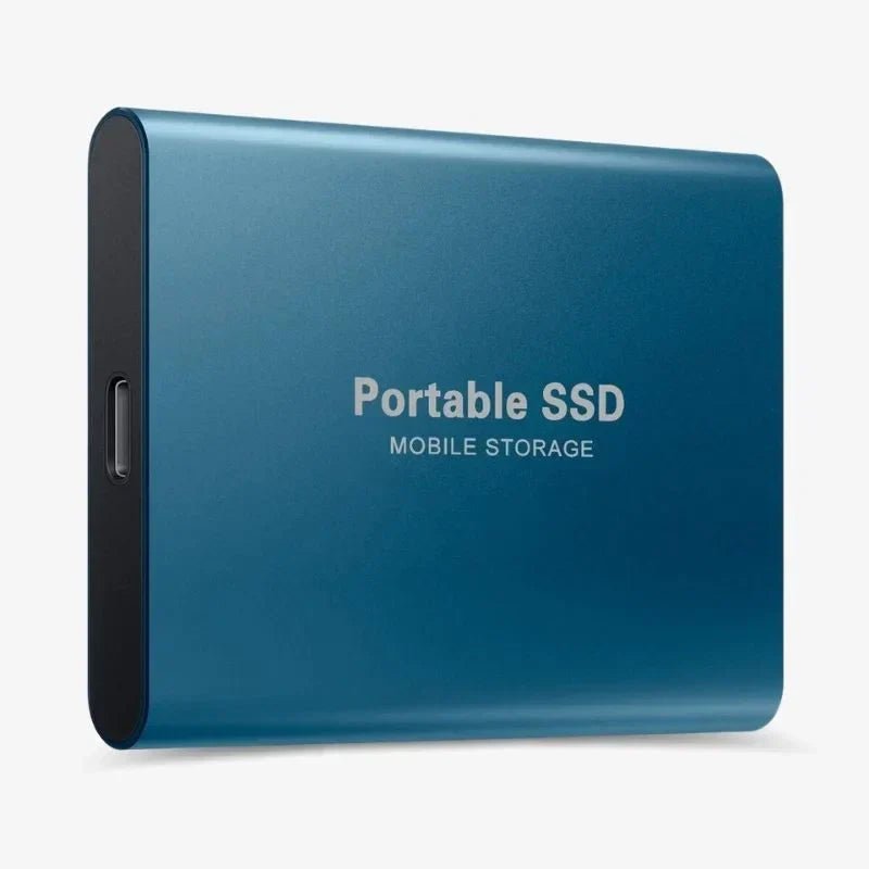 Blue portable 128GB external SSD showing USB-C port and branding