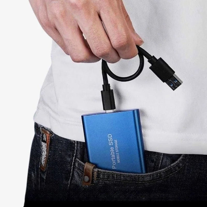 Compact USB 3.1 external SSD showing slim profile and sleek black finish