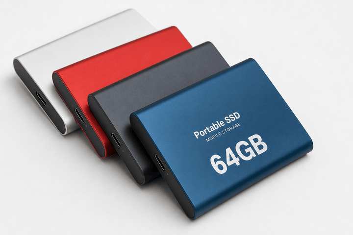 Angled view of colorful portable external solid state drives resting on a clean white surface.