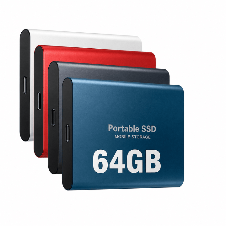 Four portable external solid state drives in black, blue, red, and silver stacked diagonally.