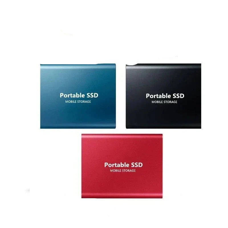 Three portable external SSD units shown in Gray, Sky Blue, and Red