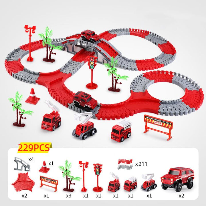 Kids race track toy featuring glowing LED lights in a dark room