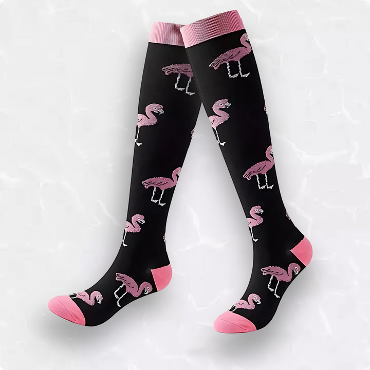 Fashionable animal print compression socks shown folded on a clean background