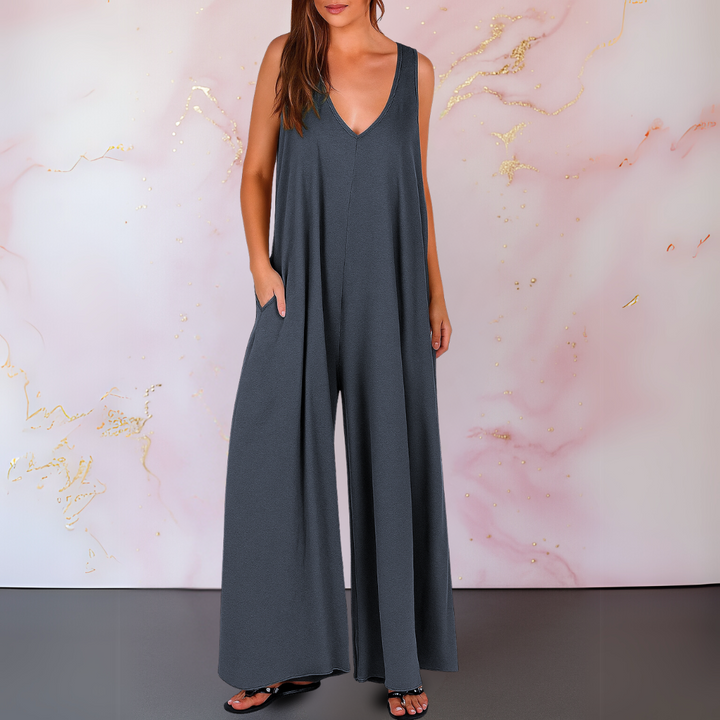 Summer fashion womens wide leg jumpsuit featuring a flattering v-neckline
