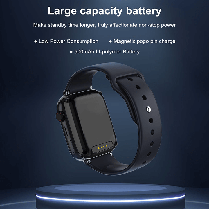 Black kids safety watch showing large capacity battery details