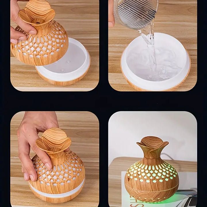 Modern wood grain aroma diffuser operating with ambient lighting