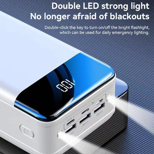 Universal 50,000 mAh high-capacity powerbank showing dual LED flashlight feature