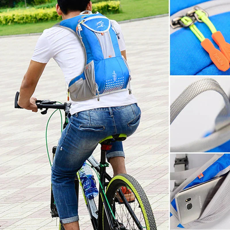 Cyclist wearing the lightweight hydration backpack outdoors with close-ups of zippers and straps