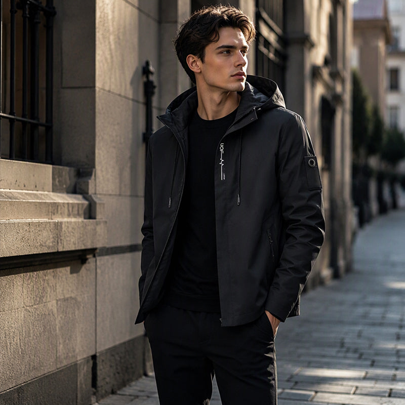 Stylish man wearing black hooded utility jacket outdoors