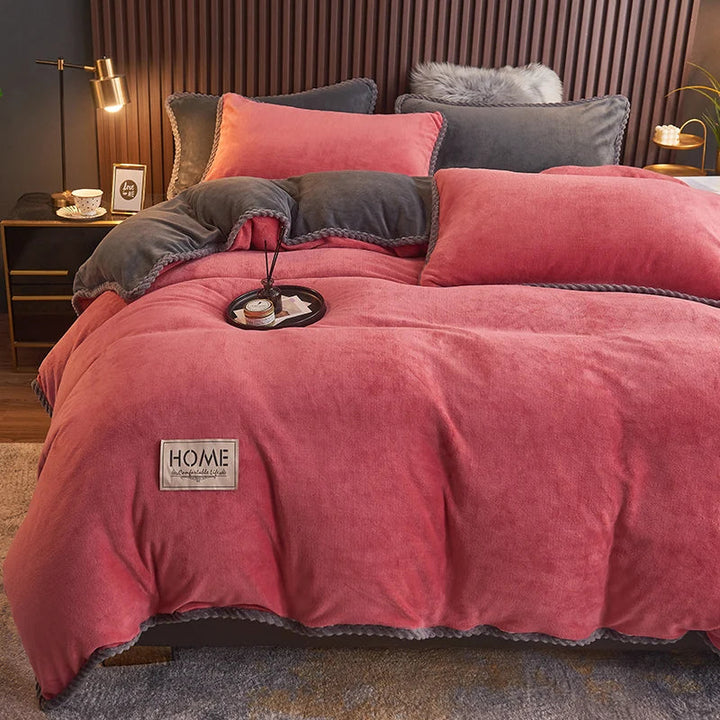 Luxurious plush fleece duvet set draped elegantly over modern bedroom furniture