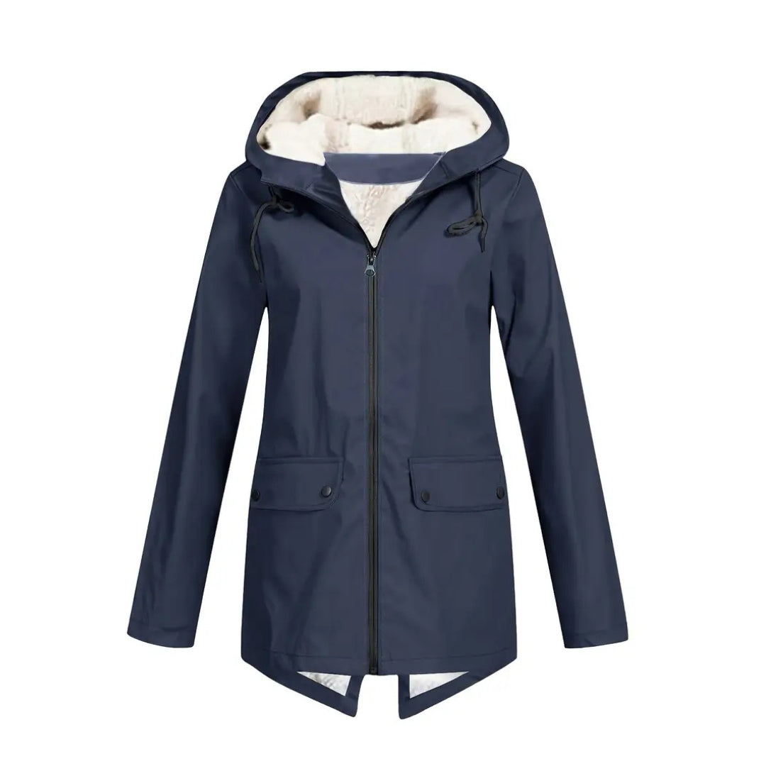 Side profile of the casual waterproof jacket with adjustable hood