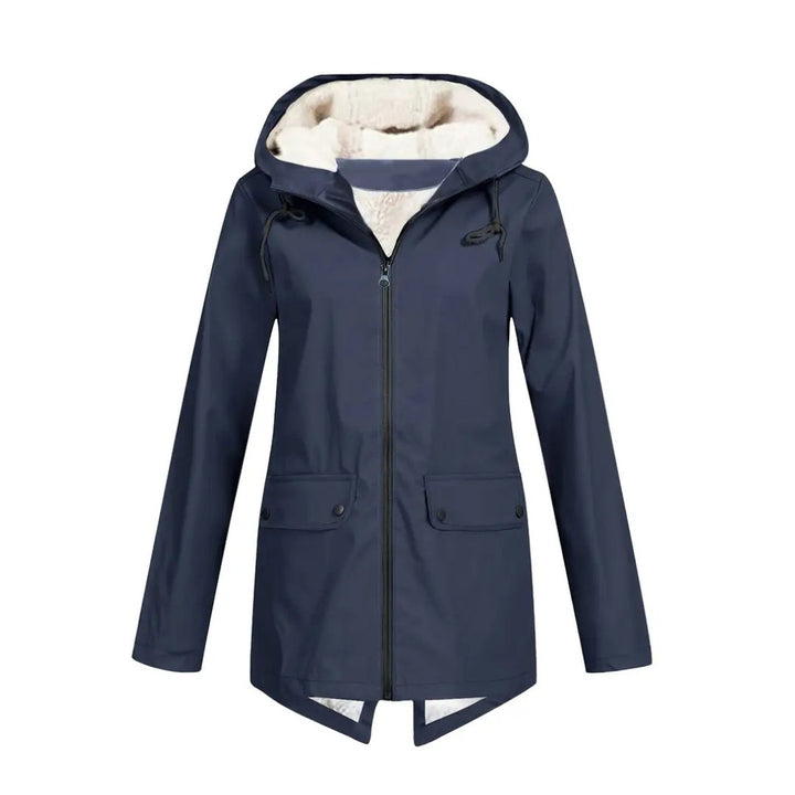 Side profile of the casual waterproof jacket with adjustable hood