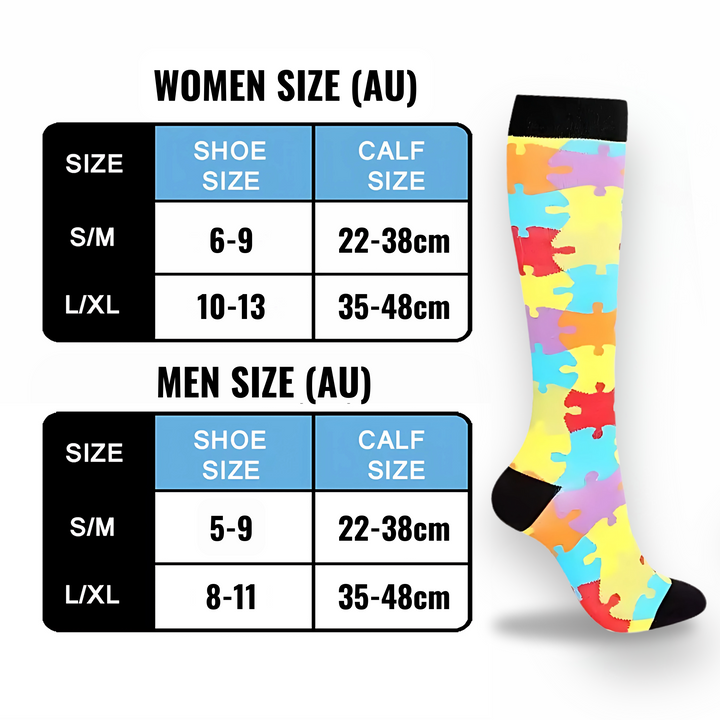 Durable patterned compression socks displayed flat to show full design