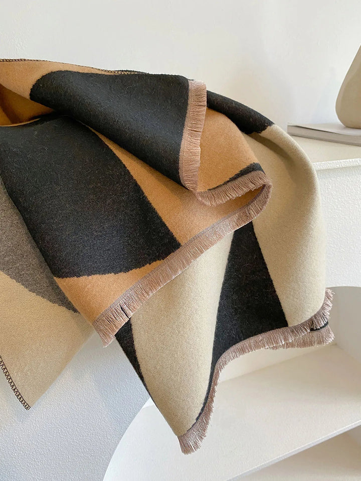 Versatile reversible soft wrap scarf styled for cold weather