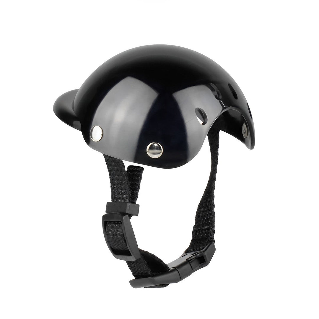 Sleek black dog helmet with adjustable chin strap shown from a three-quarter angle