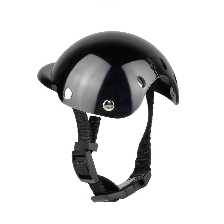 Sleek black dog helmet with adjustable chin strap shown from a three-quarter angle
