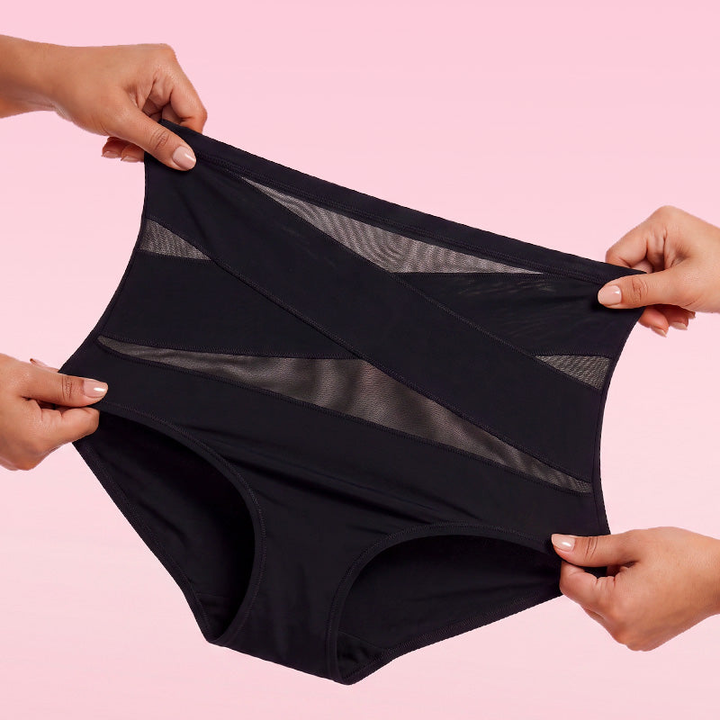 Women's high-waisted tummy control underwear in nude shade, front view
