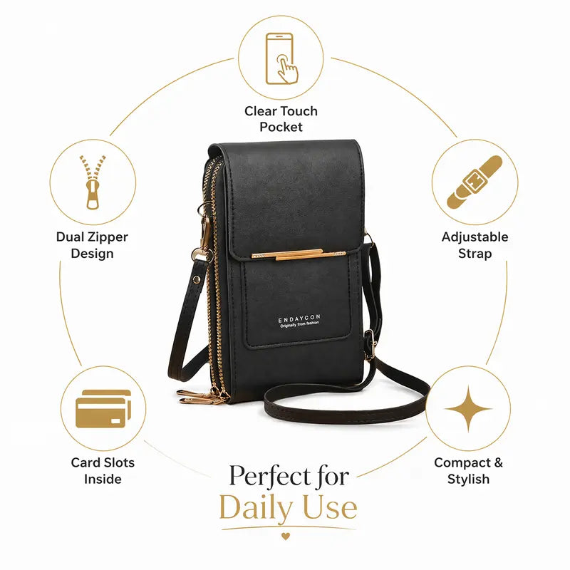 Black womens accessories shoulder bag featuring adjustable strap and slim profile