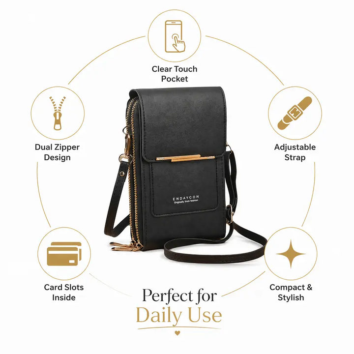 Black womens accessories shoulder bag featuring adjustable strap and slim profile