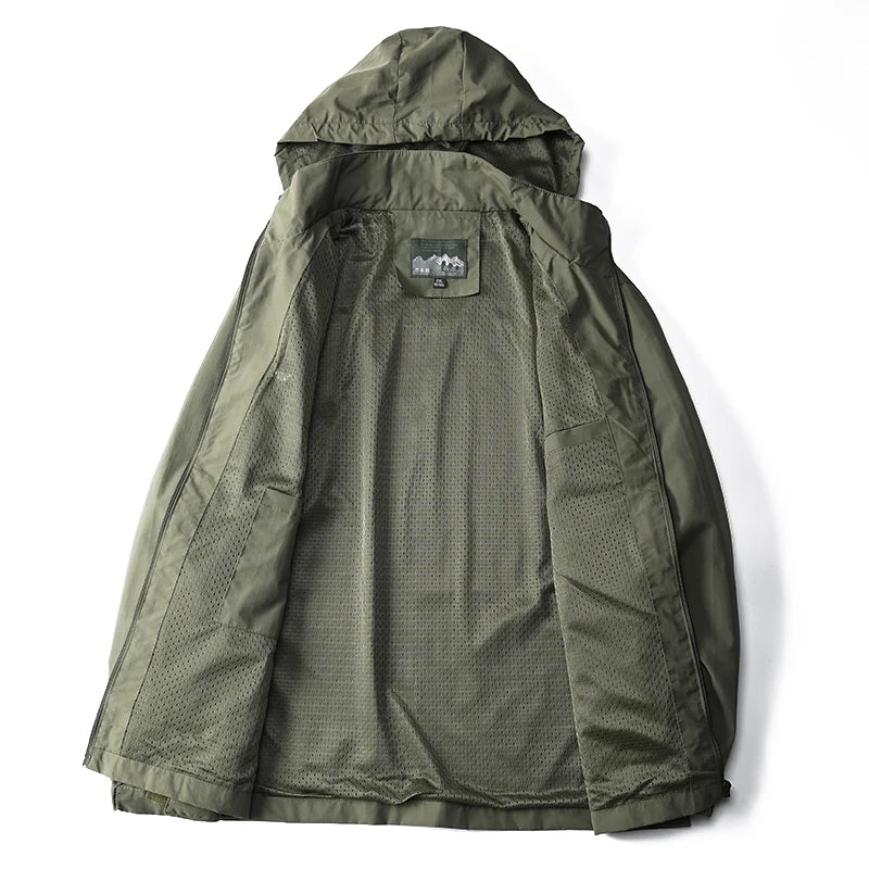Close-up of fabric texture on mens waterproof windbreaker jacket outdoor outerwear