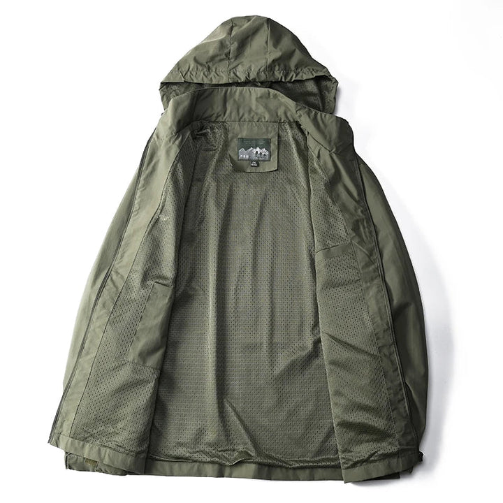 Close-up of fabric texture on mens waterproof windbreaker jacket outdoor outerwear