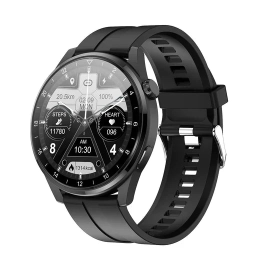 Black smartwatch with a black rubber strap displaying fitness metrics