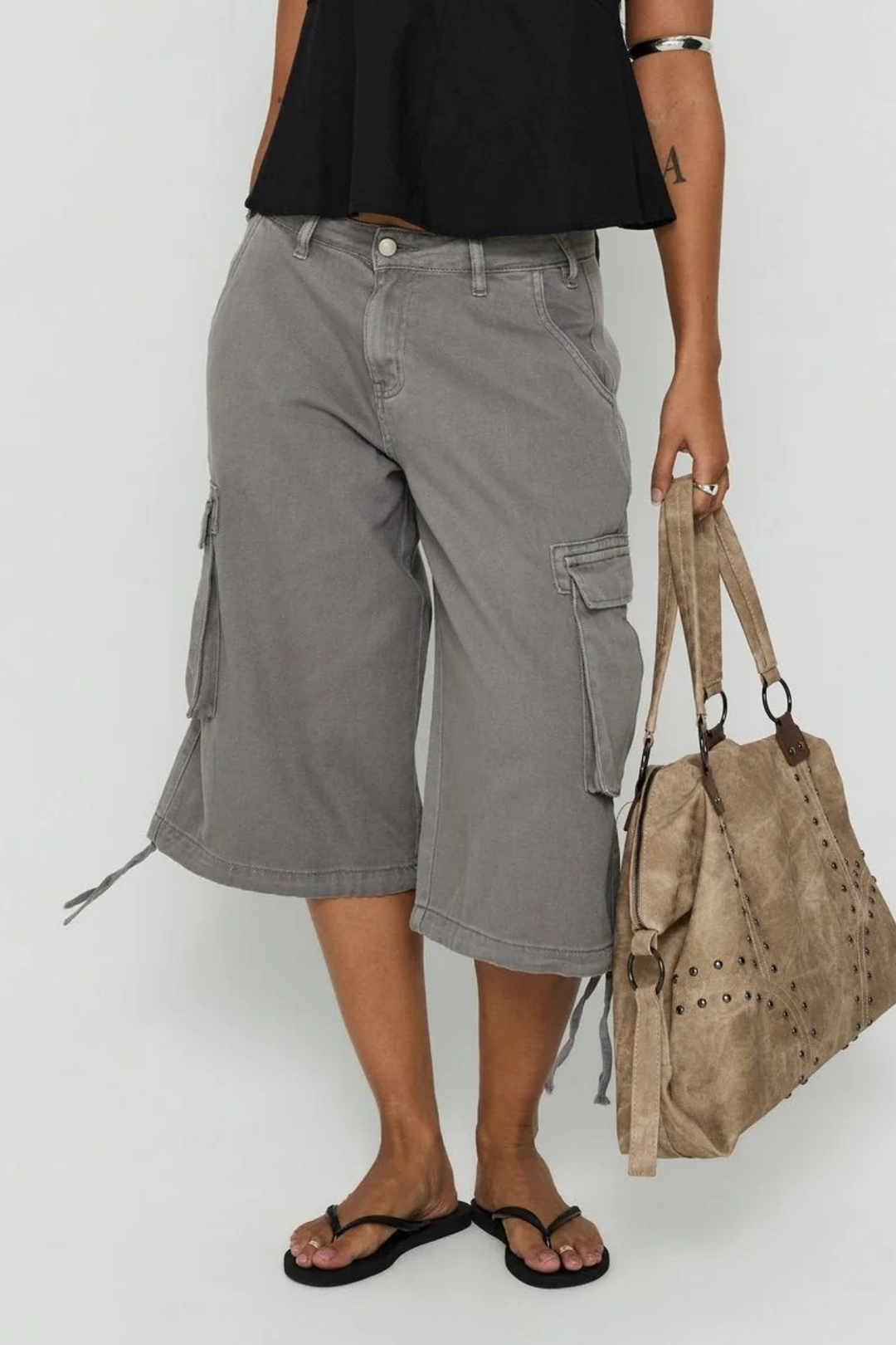 Back view of women's wide leg casual summer cargo shorts