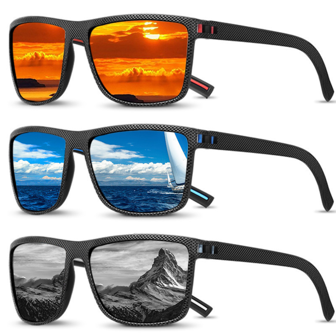 Men's polarized sports sunglasses with colorful mirror lenses showing sunset and ocean reflections