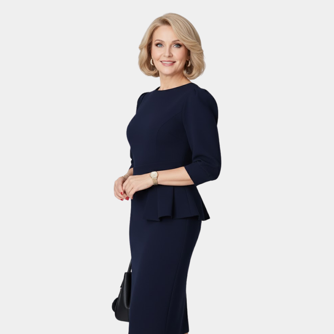 Elegant women's ruffle midi dress featuring three-quarter sleeves for autumn style