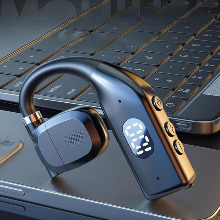 Beige wireless earpiece with open-ear design for comfort during work