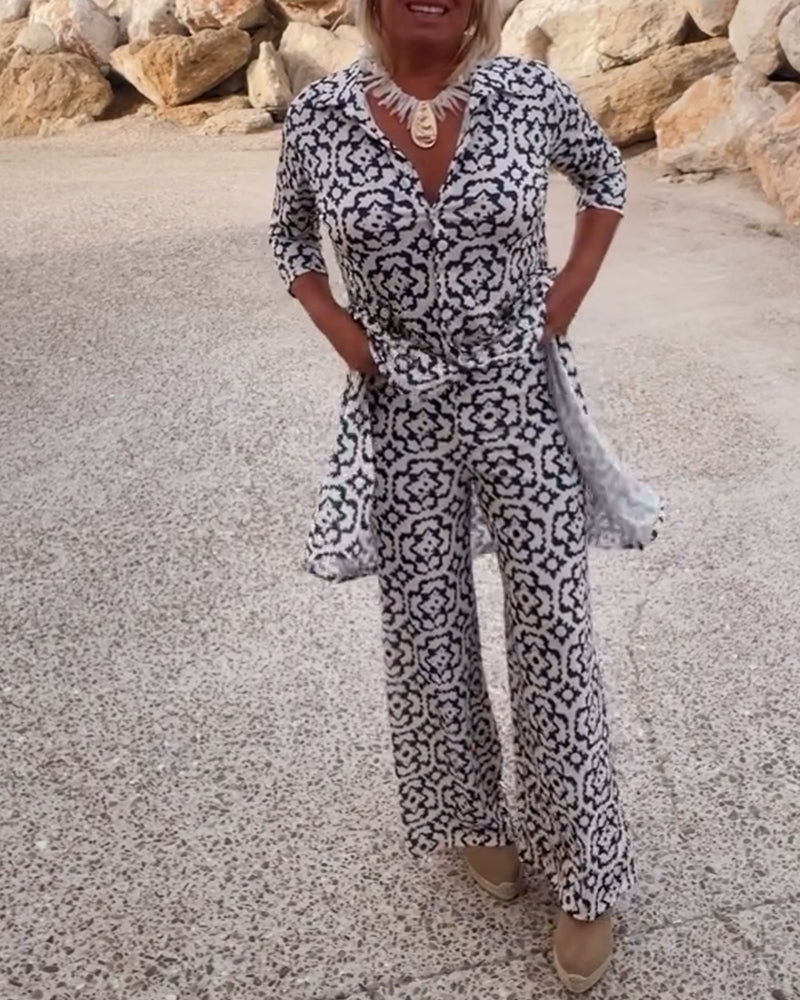 Close-up of the stylish patterned two-piece set with relaxed fit