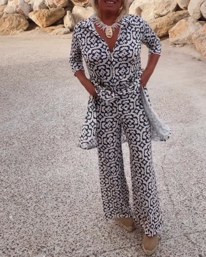 Close-up of the stylish patterned two-piece set with relaxed fit