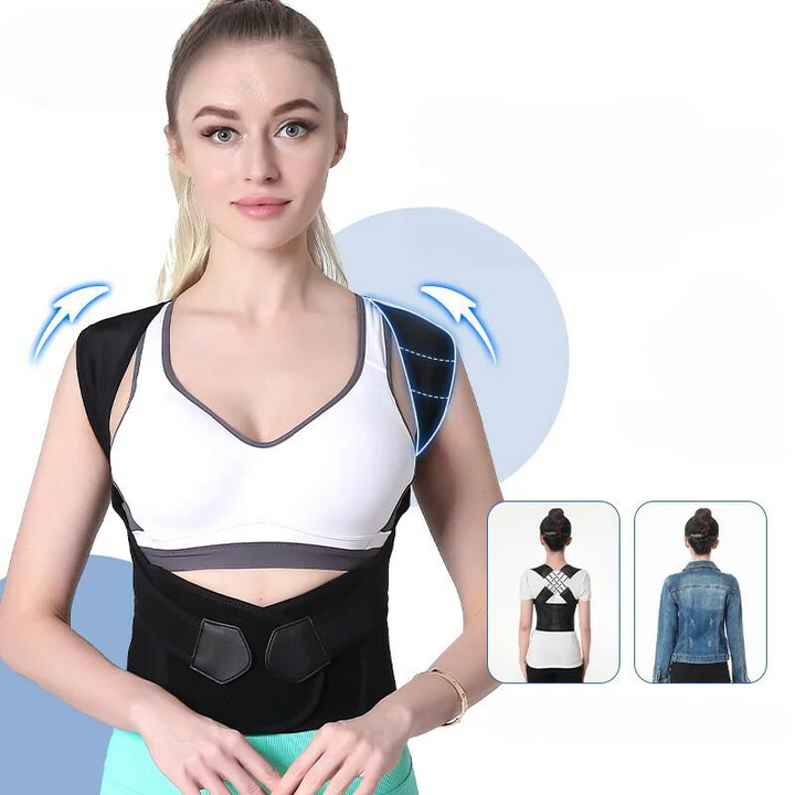 Close-up of breathable mesh material on black posture support back brace