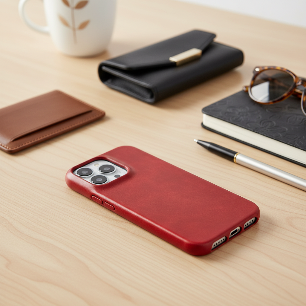 Red leather iPhone case styled on a wooden table