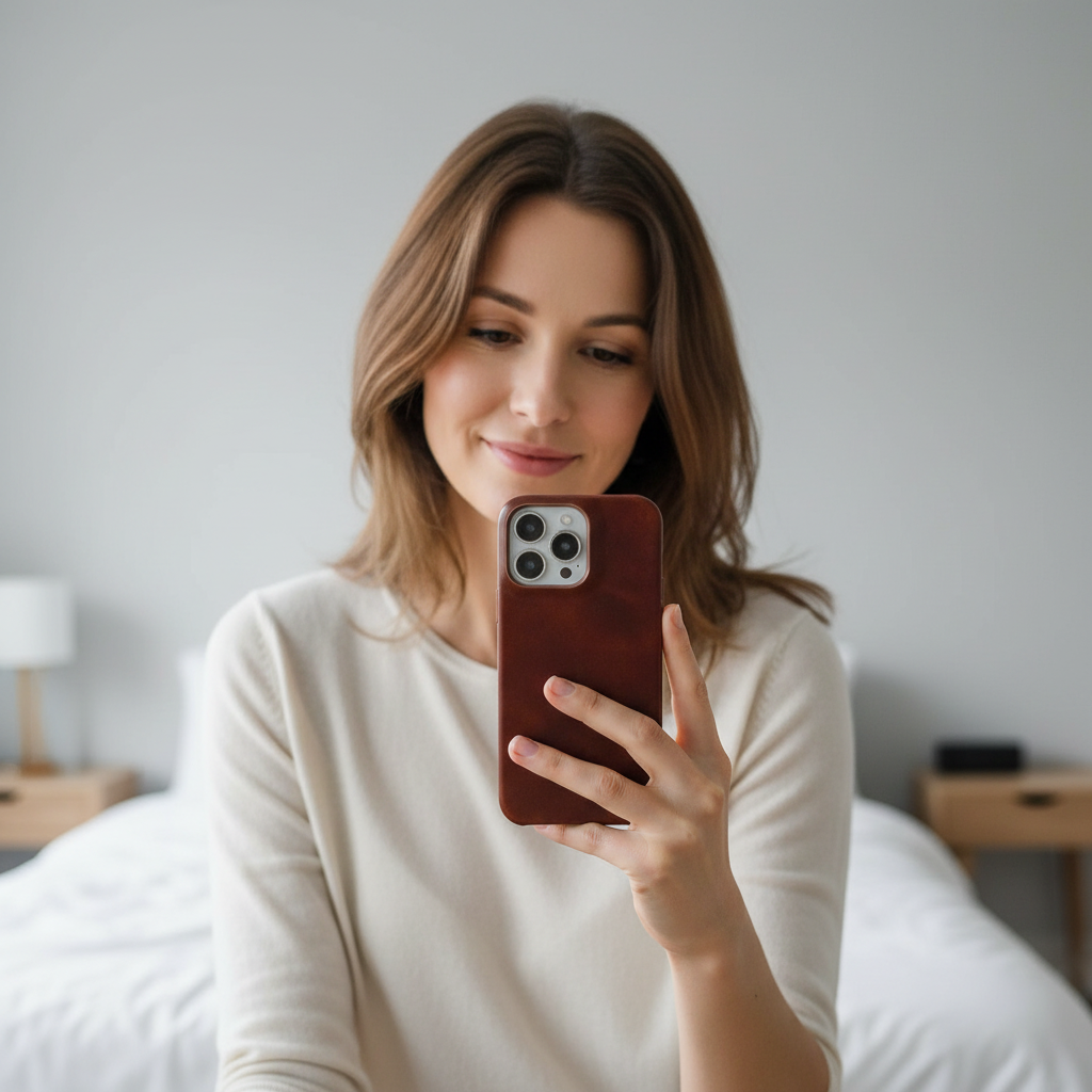 Protective leather iPhone case showing camera bump protection and sleek profile