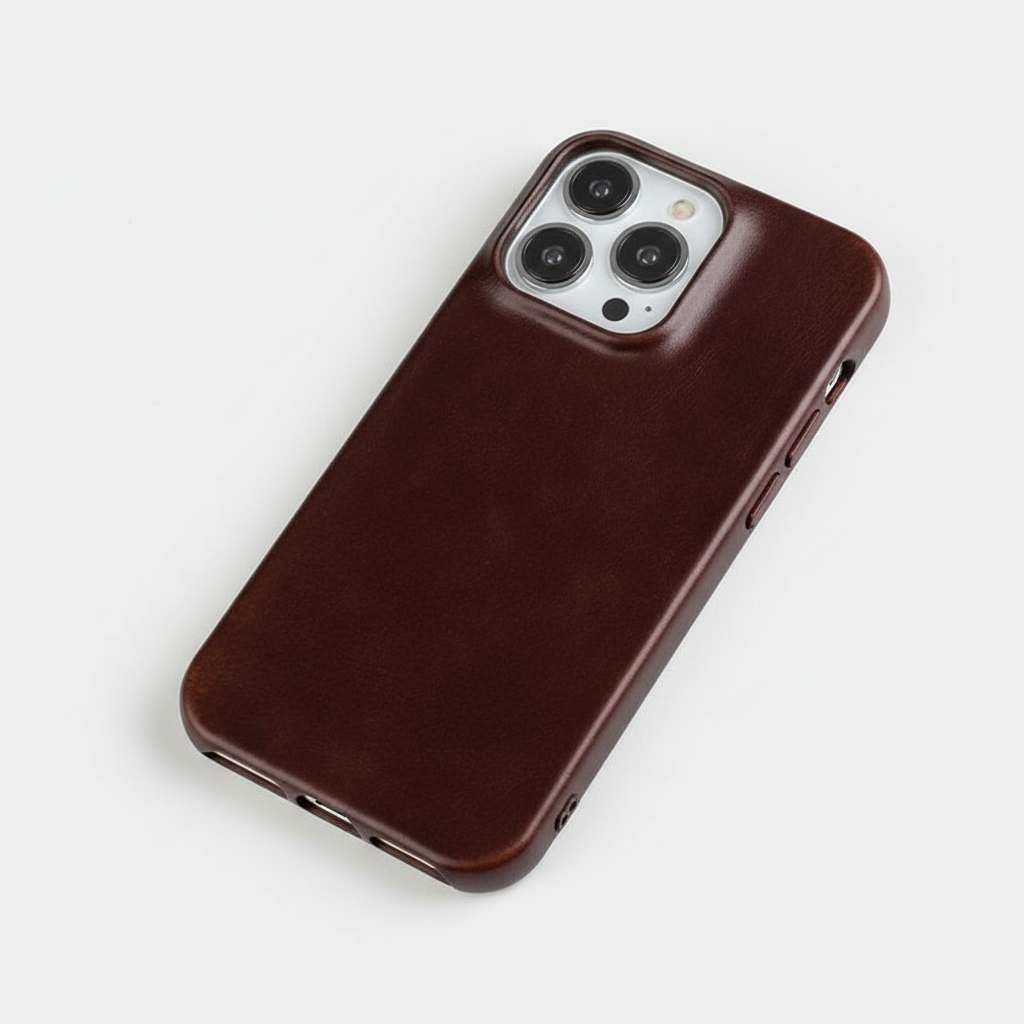 Wireless charging compatible leather iPhone case placed flat on surface