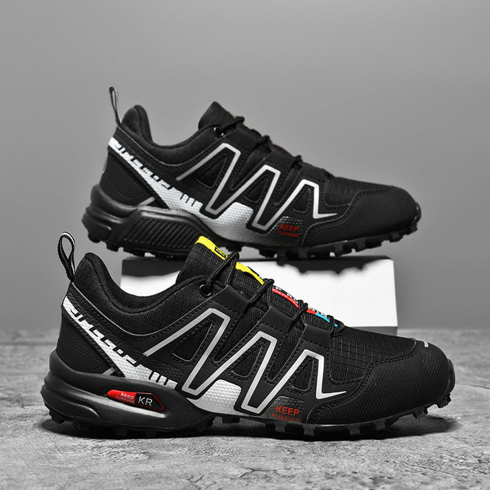 Close up view of mens outdoor footwear tread for maximum grip and stability
