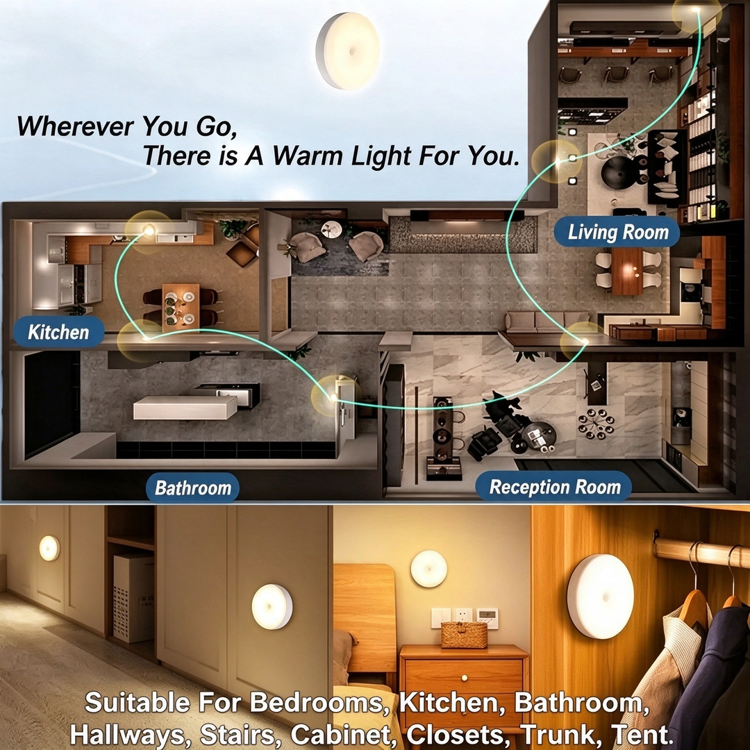 Floor plan graphic and room photos demonstrating night light placement in hallways and bedrooms