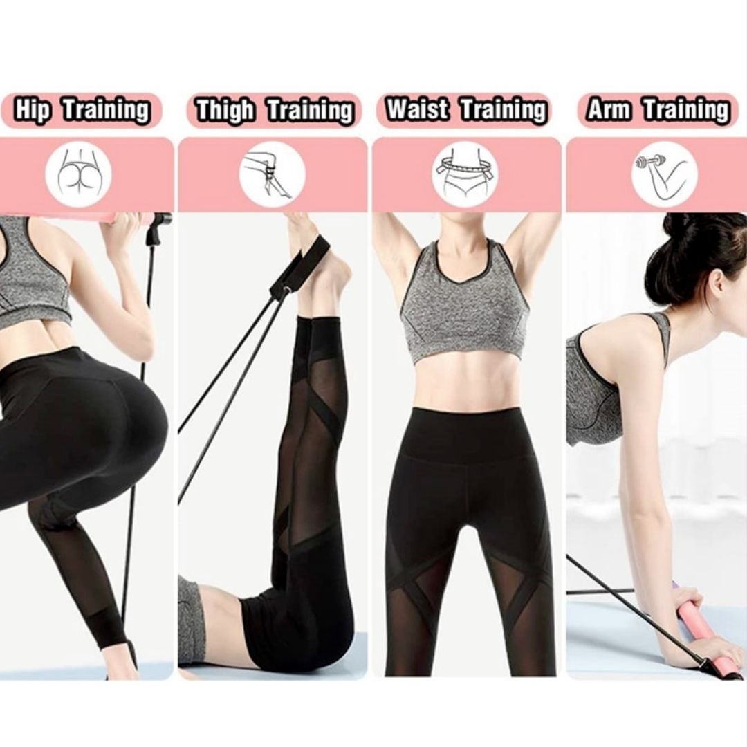 Side profile of a person stretching with the portable fitness resistance bar