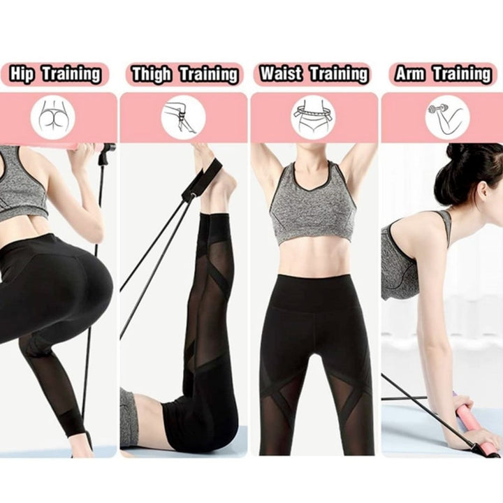 Side profile of a person stretching with the portable fitness resistance bar
