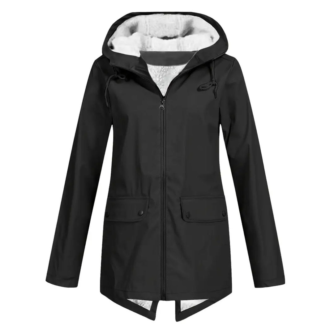 Close up of the warm winter outerwear fabric and zipper detail