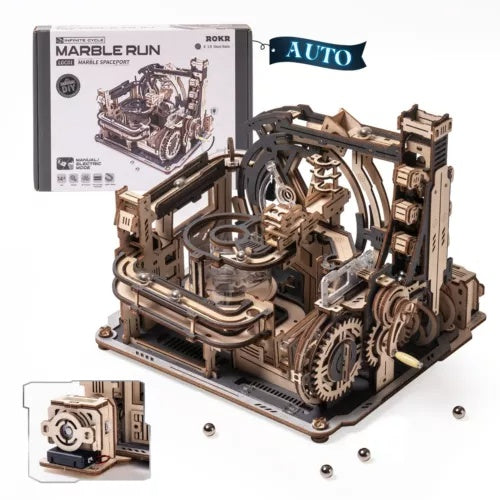 Box packaging and fully assembled SpaceCraft 3D puzzle spaceport model with metal balls