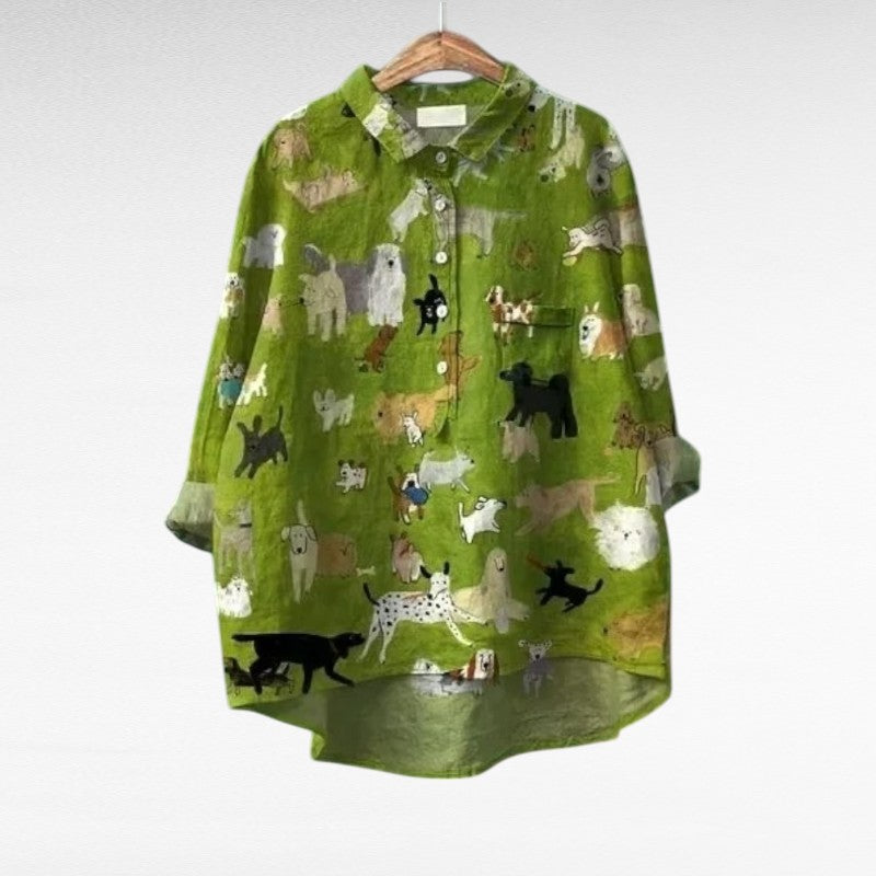 Women's green summer blouse with a relaxed fit and dog print design