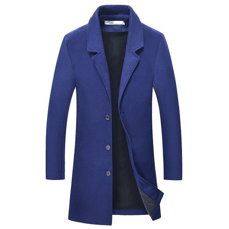 Close-up of men's wool coat fabric texture, buttons, and collar details