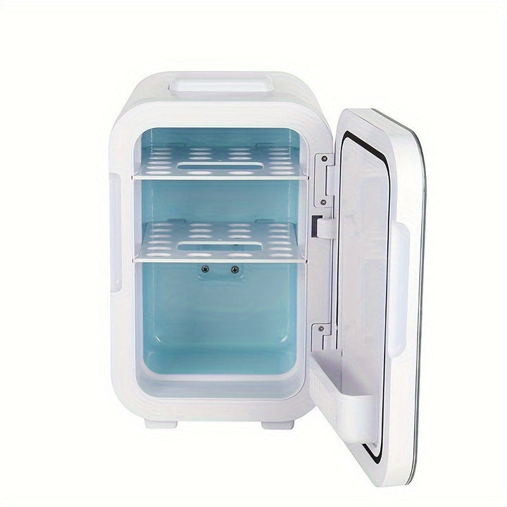 ChillMate 8L mini fridge interior view showing removable shelves and open door