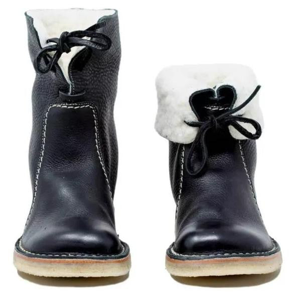 Close-up of winter boots laced securely with metallic hardware accents